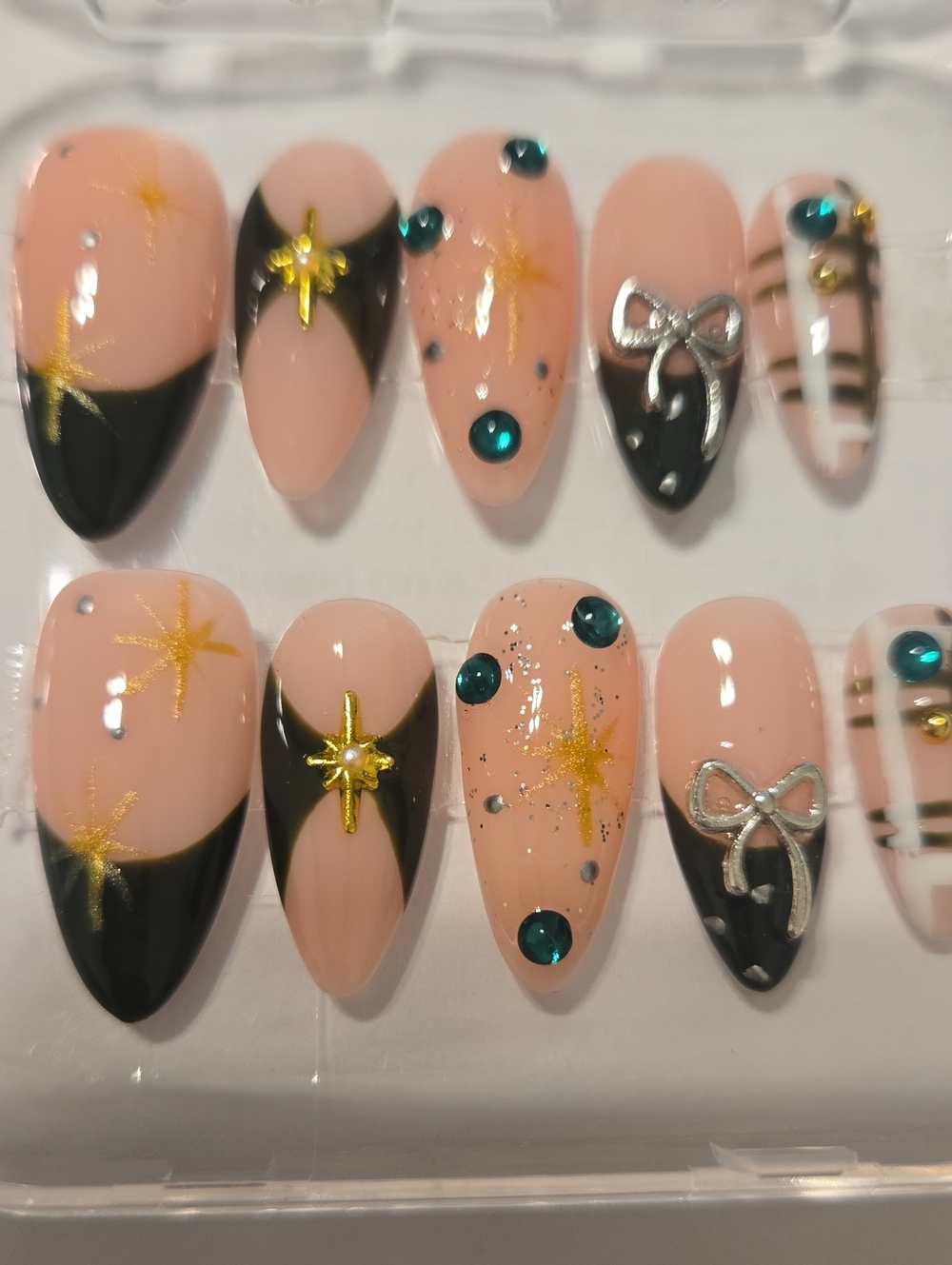 Elegant Nude & Black Holiday Oress On Nail Set with Teal Gems